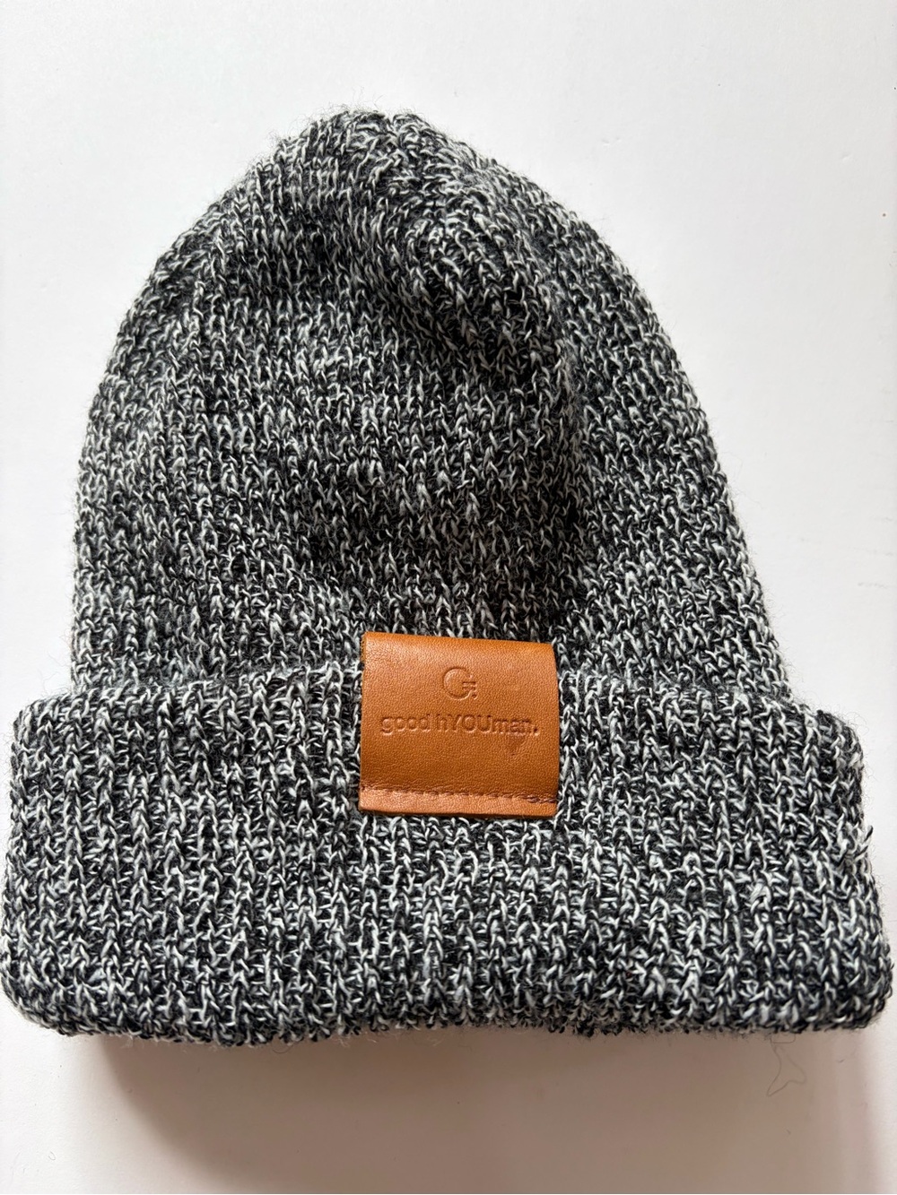 goodhYOUman Black & White Marled Knit Beanie Tan Leather Patch Everyday Grateful